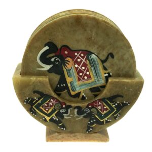 Speksteen onderzetter set, gekerfd olifant