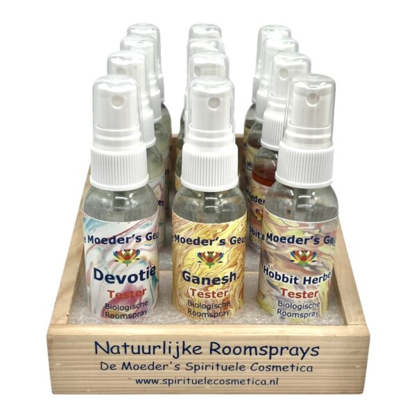 Houten display voor 3 Roomspray geuren (incl. 1 tester per geur)