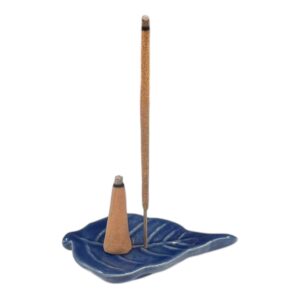 Keramiek wierookhouder blaadje, middel (blauw)