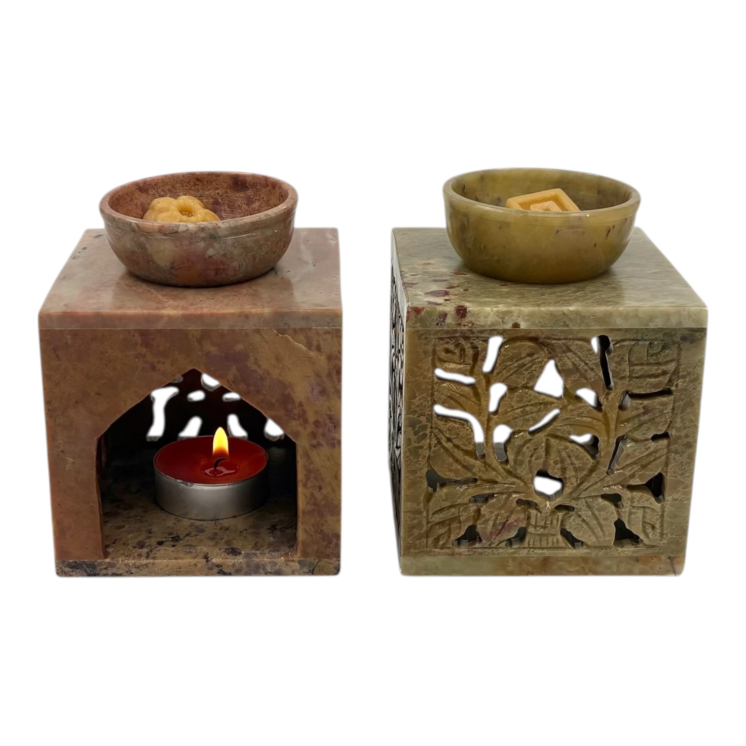 Aromalamp - speksteen - gekerfde bladeren (vierkant)