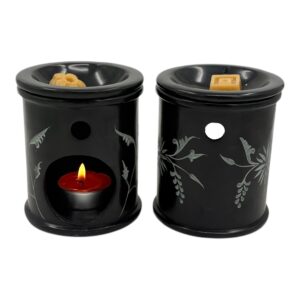 Aromalamp  speksteen zwart, gekerfde bloem groot