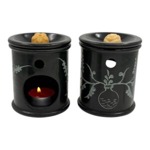 Aromalamp  speksteen zwart, gekerfde bloemenvaas