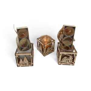 Cadeauverpakking 3 theelichtjes met geur in glas en hout KERST
